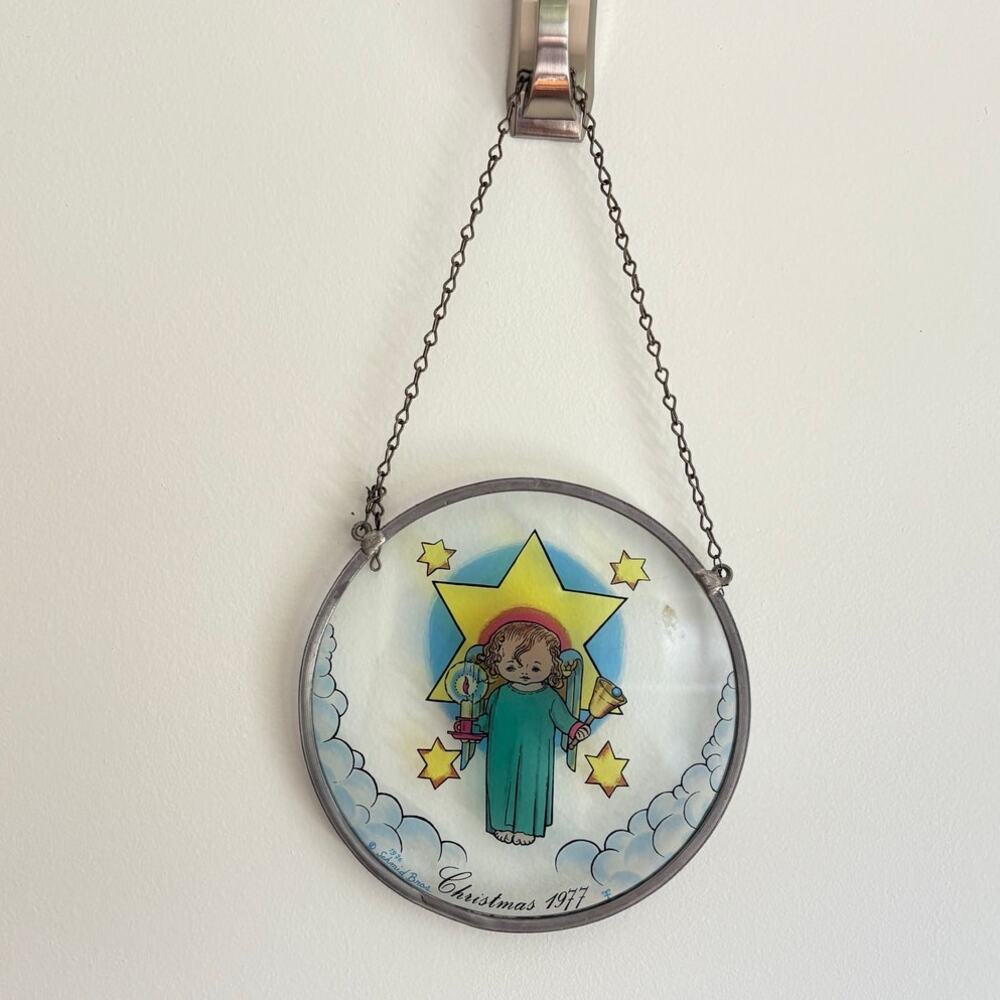 Vintage 1977 Christmas Angel Stained Glass Hanging Ornament Retro Holiday Decor
